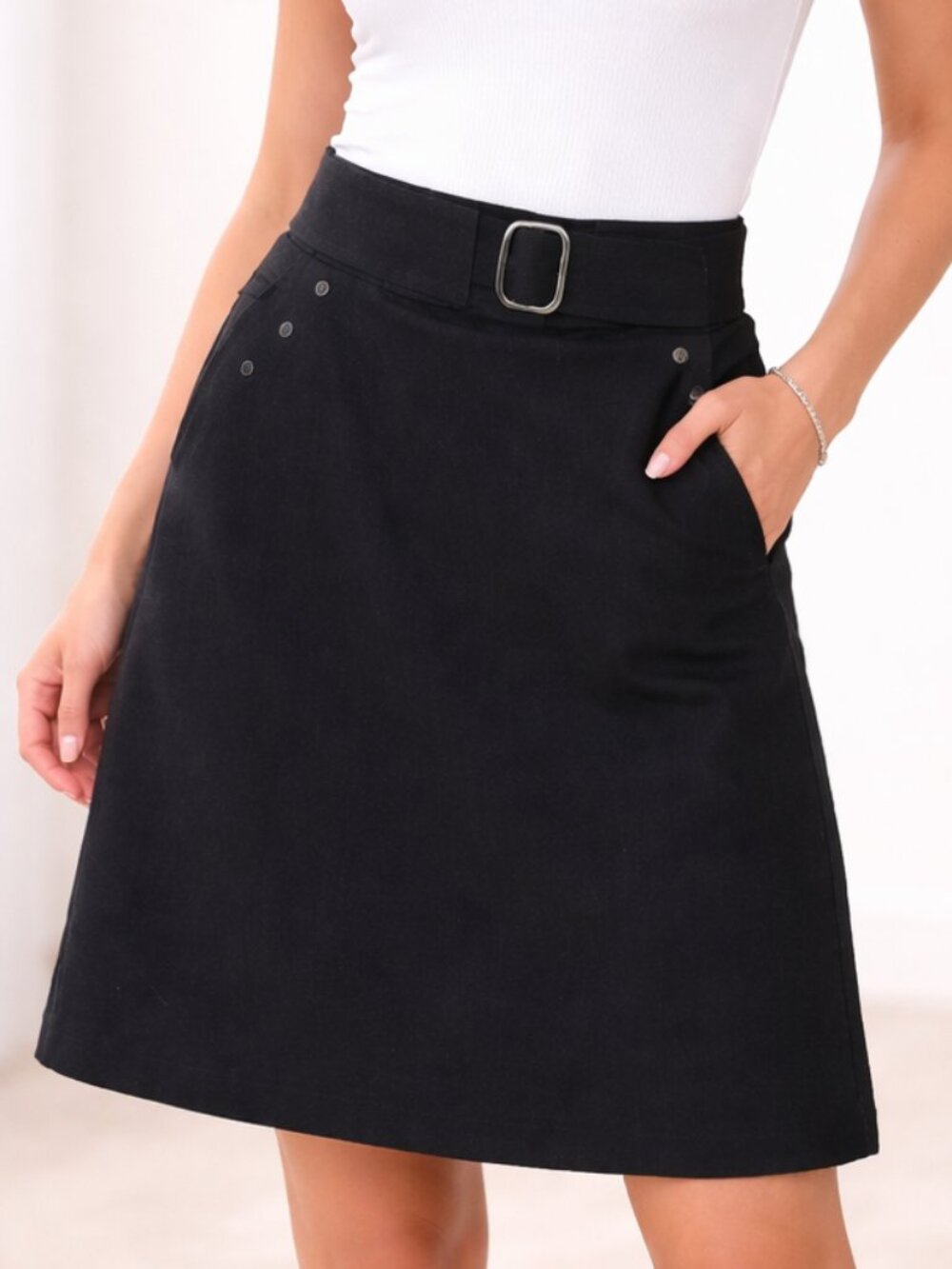 NEW DIRECTIONS Women's Black A Line Business Casual Belted Mini Skirt Size 12